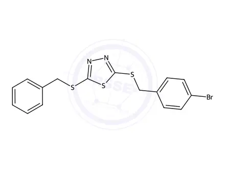 Chemical structure of 2-(Benzylthio)-5-((4-bromobenzyl)thio)-1,3,4-thiadiazole