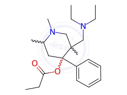 Chemical structure of [5-(diethylaminomethyl)-1,2,5-trimethyl-4-phenyl-4-piperidyl] propanoate dihydrochloride