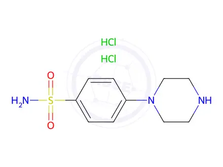 Chemical structure of 4-(Piperazin-1-yl)benzene-1-sulfonamide dihydrochloride
