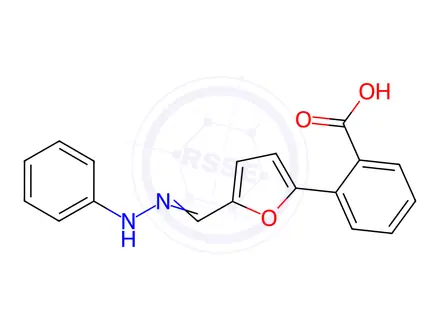 Chemical structure of 2-(5-((2-Phenylhydrazono)methyl)furan-2-yl)benzoic acid