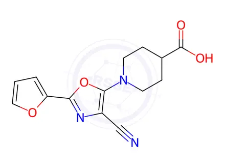 Chemical structure of 1-[4-Cyano-2-(furan-2-yl)-1,3-oxazol-5-yl]piperidine-4-carboxylic acid