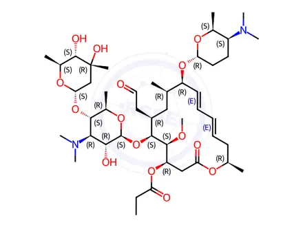 Chemical structure of Leucomycin V, 9-O-[5-(dimethylamino)tetrahydro-6-methyl-2H-pyran-2-yl]-, 3-propanoate, [9(5S,6R)]-, 4,4'-methylenebis[3-hydroxy-2-naphthalenecarboxylate] (1:1) (salt)