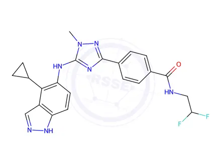 Chemical structure of 4-(5-((4-Cyclopropyl-1H-indazol-5-yl)amino)-1-methyl-1H-.1,2,4-triazol-3-yl)-N-(2,2-difluoroethyl)benzamide