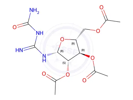 Chemical structure of (2R,3R,4S,5R)-2-(acetoxymethyl)-5-(3-carbamoylguanidino)tetrahydrofuran-3,4-diyl diacetate