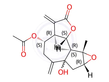 Chemical structure of Dodecahydro-4-acetoxy-6a-hydroxy-8a-methyl-3,6-bis(methylene)oxireno[2,3]azuleno[4,5-b]furan-2-one