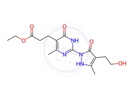 Chemical structure of Ethyl 3-(2-(4-(2-hydroxyethyl)-3-methyl-5-oxo-2,5-dihydro-1H-pyrazol-1-yl)-4-methyl-6-oxo-1,6-dihydropyrimidin-5-yl)propanoate
