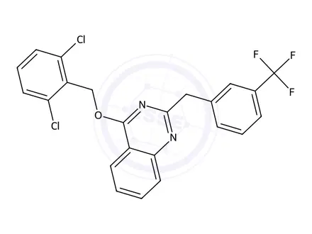 Chemical structure of 4-((2,6-Dichlorobenzyl)oxy)-2-(3-(trifluoromethyl)benzyl)quinazoline