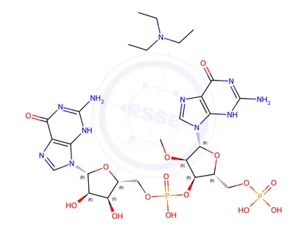 Chemical structure of ((2R,3R,4R,5R)-5-(2-amino-6-oxo-3,6-dihydro-9H-purin-9-yl)-3-(((((2R,3S,4R,5R)-5-(2-amino-6-oxo-3,6-dihydro-9H-purin-9-yl)-3,4-dihydroxytetrahydrofuran-2-yl)methoxy)oxidophosphoryl)oxy)-4-methoxytetrahydrofuran-2-yl)methyl phosphate Triethylamine salt