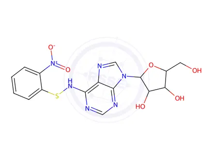Chemical structure of (2R,3S,4R,5R)-2-(Hydroxymethyl)-5-(6-(((2-nitrophenyl)thio)amino)-9H-purin-9-yl)tetrahydrofuran-3,4-diol