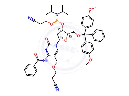 Chemical structure of N-Benzoyl-5-((2-cyanoethoxy)methyl)-2’-deoxycytidine CEP