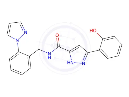Chemical structure of N-[2-(1-Pyrazolyl)benzyl]-5-(2-hydroxyphenyl)-1H-pyrazole-3-carboxamide