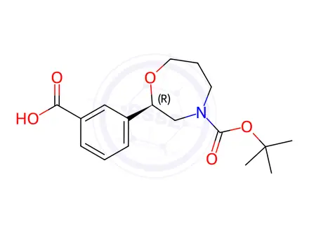 Chemical structure of 1,4-Oxazepine-4(5H)-carboxylic acid, 2-(3-carboxyphenyl)tetrahydro-, 4-(1,1-dimethylethyl) ester, (2R)-