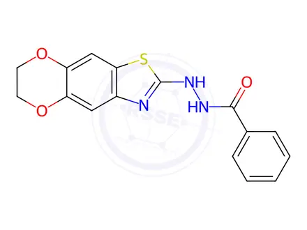 Chemical structure of N'-(6,7-Dihydro-[1,4]dioxino[2',3':4,5]benzo[1,2-d]thiazol-2-yl)benzohydrazide