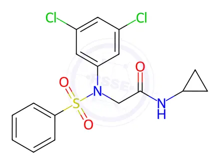 Chemical structure of 2-[N-(benzenesulfonyl)-3,5-dichloroanilino]-N-cyclopropylacetamide