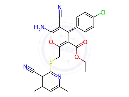 Chemical structure of Ethyl 6-amino-4-(4-chlorophenyl)-5-cyano-2-(((3-cyano-4,6-dimethylpyridin-2-yl)thio)methyl)-4H-pyran-3-carboxylate