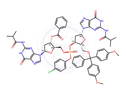 Chemical structure of 3'-O-benzoyl-P-(4-chlorophenyl)-2'-deoxy-N-(2-methyl-1-oxopropyl)guanylyl-(5'->3')-5'-O-[bis(4-methoxyphenyl)phenylmethyl]-2'-deoxy-N-(2-methyl-1-oxopropyl)guanosine