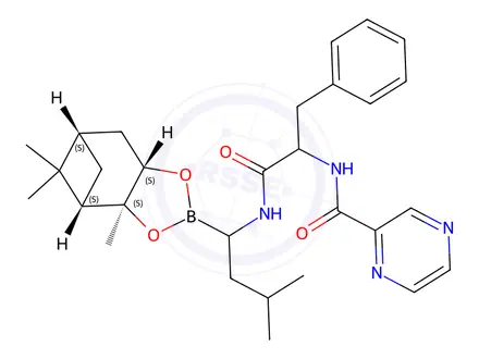 Chemical structure of N-(1-((3-methyl-1-((3aS,4S,6S,7aS)-3a,5,5-trimethylhexahydro-4,6-methanobenzo[d][1,3,2]dioxaborol-2-yl)butyl)amino)-1-oxo-3-phenylpropan-2-yl)pyrazine-2-carboxamide