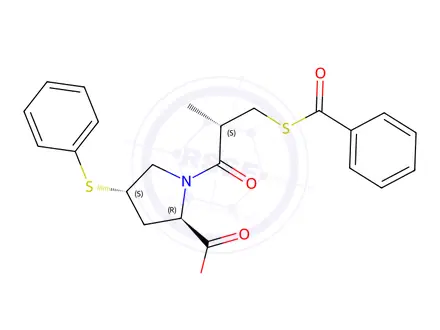 Chemical structure of rel-(4S)-1-[(2S)-3-(Benzoylthio)-2-methyl-1-oxopropyl]-4-(phenylthio)-D-proline