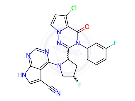 Chemical structure of 4-[(2S,4S)-2-[5-chloro-3-(3-fluorophenyl)-4-oxo-3H,4H-pyrrolo[2,1-f][1,2,4]triazin-2-yl]-4-fluoropyrrolidin-1-yl]-7H-pyrrolo[2,3-d]pyrimidine-5-carbonitrile