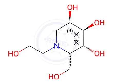 Chemical structure of 3,4,5-Piperidinetriol, 1-(2-hydroxyethyl)-2-(hydroxymethyl)-, hydrochloride (1:1), (3R,4R,5R)-rel