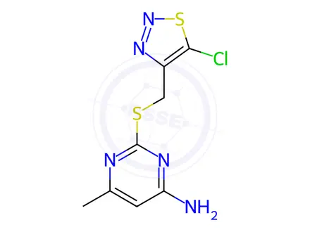Chemical structure of 2-(((5-Chloro-1,2,3-thiadiazol-4-yl)methyl)thio)-6-methylpyrimidin-4-amine