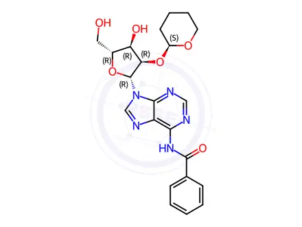 Chemical structure of N-(9-((2R,3R,4R,5R)-4-Hydroxy-5-(hydroxymethyl)-3-(((S)-tetrahydro-2H-pyran-2-yl)oxy)tetrahydrofuran-2-yl)-9H-purin-6-yl)benzamide