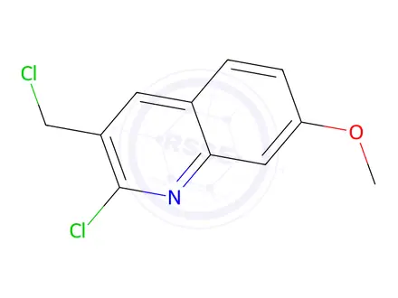 Chemical structure of 2-chloranyl-3-(chloromethyl)-7-methoxy-quinoline