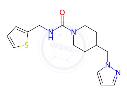 Chemical structure of 4-((1H-Pyrazol-1-yl)methyl)-N-(thiophen-2-ylmethyl)piperidine-1-carboxamide