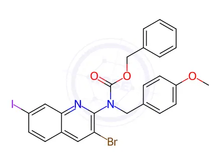 Chemical structure of benzyl (3-bromo-7-iodoquinolin-2-yl)(4-methoxybenzyl)carbamate