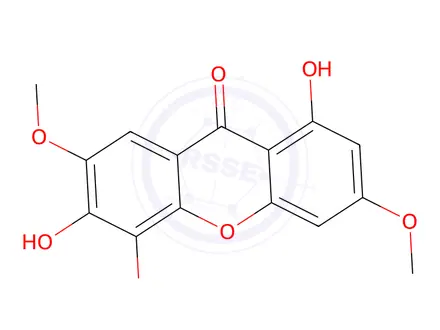 Chemical structure of 1,6-Dihydroxy-3,5,7-trimethoxy-9H-xanthen-9-one