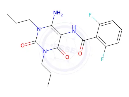 Chemical structure of N-(6-Amino-2,4-dioxo-1,3-dipropyl-1,2,3,4-tetrahydropyrimidin-5-yl)-2,6-difluorobenzamide