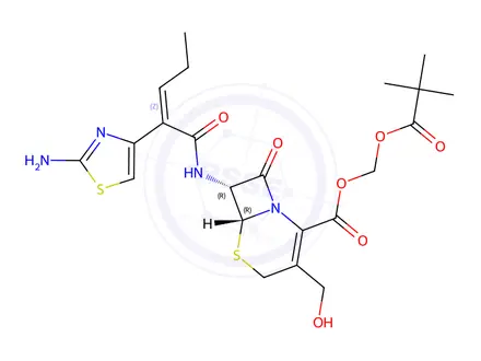Chemical structure of (6R,7R)-(pivaloyloxy)methyl 7-((Z)-2-(2-aminothiazol-4-yl)pent-2-enamido)-3-(hydroxymethyl)-8-oxo-5-thia-1-azabicyclo[4.2.0]oct-2-ene-2-carboxylate