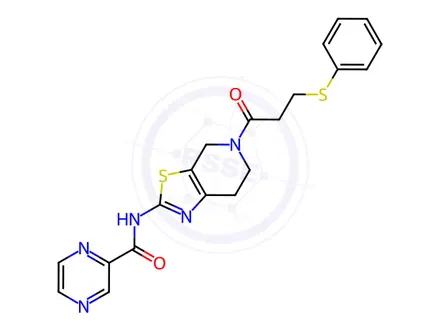 Chemical structure of N-(5-(3-(Phenylthio)propanoyl)-4,5,6,7-tetrahydrothiazolo[5,4-c]pyridin-2-yl)pyrazine-2-carboxamide