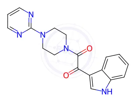 Chemical structure of 1-(1H-indol-3-yl)-2-(4-(pyrimidin-2-yl)piperazin-1-yl)ethane-1,2-dione