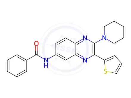 Chemical structure of N-(2-(Piperidin-1-yl)-3-(thiophen-2-yl)quinoxalin-6-yl)benzamide