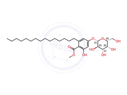 Chemical structure of Benzoic acid, 4-(β-D-galactopyranosyloxy)-2-hydroxy-6-pentadecyl-, methyl ester