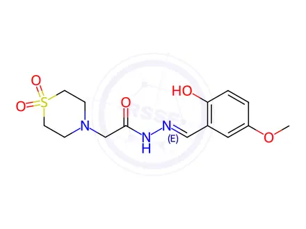 Chemical structure of (E)-2-(1,1-dioxidothiomorpholino)-N'-(2-hydroxy-5-methoxybenzylidene)acetohydrazide