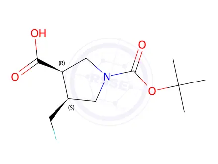 Chemical structure of (3R,4S)-1-(tert-butoxycarbonyl)-4-(fluoromethyl)pyrrolidine-3-carboxylic acid