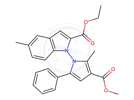 Chemical structure of Ethyl 1-(3-(methoxycarbonyl)-2-methyl-5-phenyl-1H-pyrrol-1-yl)-5-methyl-1H-indole-2-carboxylate