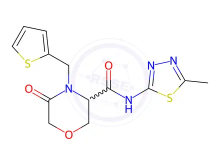 Chemical structure of N-(5-Methyl-1,3,4-thiadiazol-2-yl)-5-oxo-4-(thiophen-2-ylmethyl)morpholine-3-carboxamide
