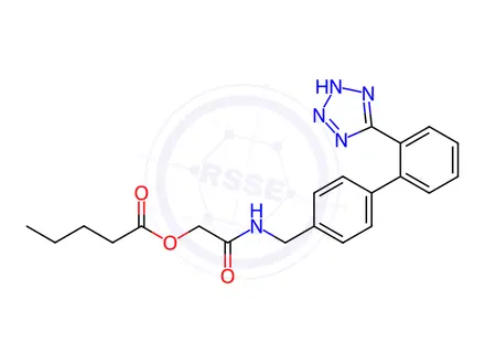 Chemical structure of 2-(((2'-(2H-Tetrazol-5-yl)-[1,1'-biphenyl]-4-yl)methyl)amino)-2-oxoethyl pentanoate