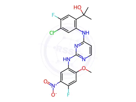 Chemical structure of Benzenemethanol, 4-chloro-5-fluoro-2-[[2-[(4-fluoro-2-methoxy-5-nitrophenyl)amino]-4-pyrimidinyl]amino]-α,α-dimethyl-