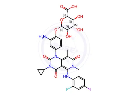 Chemical structure of (2S,3S,4S,5R,6S)-6-(2-Amino-4-(3-cyclopropyl-5-((2-fluoro-4-iodophenyl)amino)-6,8-dimethyl-2,4,7-trioxo-3,4,6,7-tetrahydropyrido[4,3-d]pyrimidin-1(2H)-yl)phenoxy)-3,4,5-trihydroxytetrahydro-2H-pyran-2-carboxylic Acid