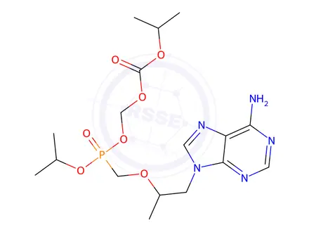 Chemical structure of (((((1-(6-amino-9H-purin-9-yl)propan-2-yl)oxy)methyl)(isopropoxy)phosphoryl)oxy)methyl isopropyl carbonate