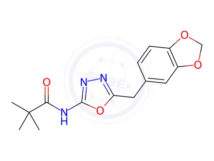 Chemical structure of N-(5-(Benzo[d][1,3]dioxol-5-ylmethyl)-1,3,4-oxadiazol-2-yl)pivalamide