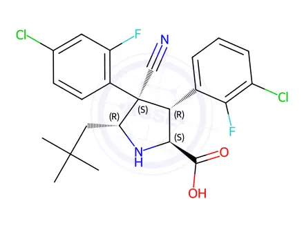 Chemical structure of (2S,3R,4S,5R)-3-(3-chloro-2-fluorophenyl)-4-(4-chloro-2-fluorophenyl)-4-cyano-5-neopentylpyrrolidine-2-carboxylic acid