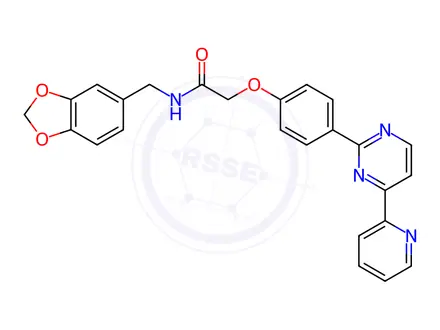 Chemical structure of N-(benzo[d][1,3]dioxol-5-ylmethyl)-2-(4-(4-(pyridin-2-yl)pyrimidin-2-yl)phenoxy)acetamide