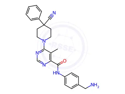 Chemical structure of N-(4-(Aminomethyl)phenyl)-6-(4-cyano-4-phenylpiperidin-1-yl)-5-methylpyrimidine-4-carboxamide