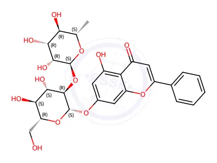 Chemical structure of 4H-1-Benzopyran-4-one, 7-[[2-O-(6-deoxy-α-L-mannopyranosyl)-β-D-glucopyranosyl]oxy]-5-hydroxy-2-phenyl-