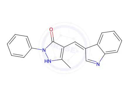 Chemical structure of 4-(1H-indol-3-ylmethylene)-5-methyl-2-phenyl-2,4-dihydro-3H-pyrazol-3-one